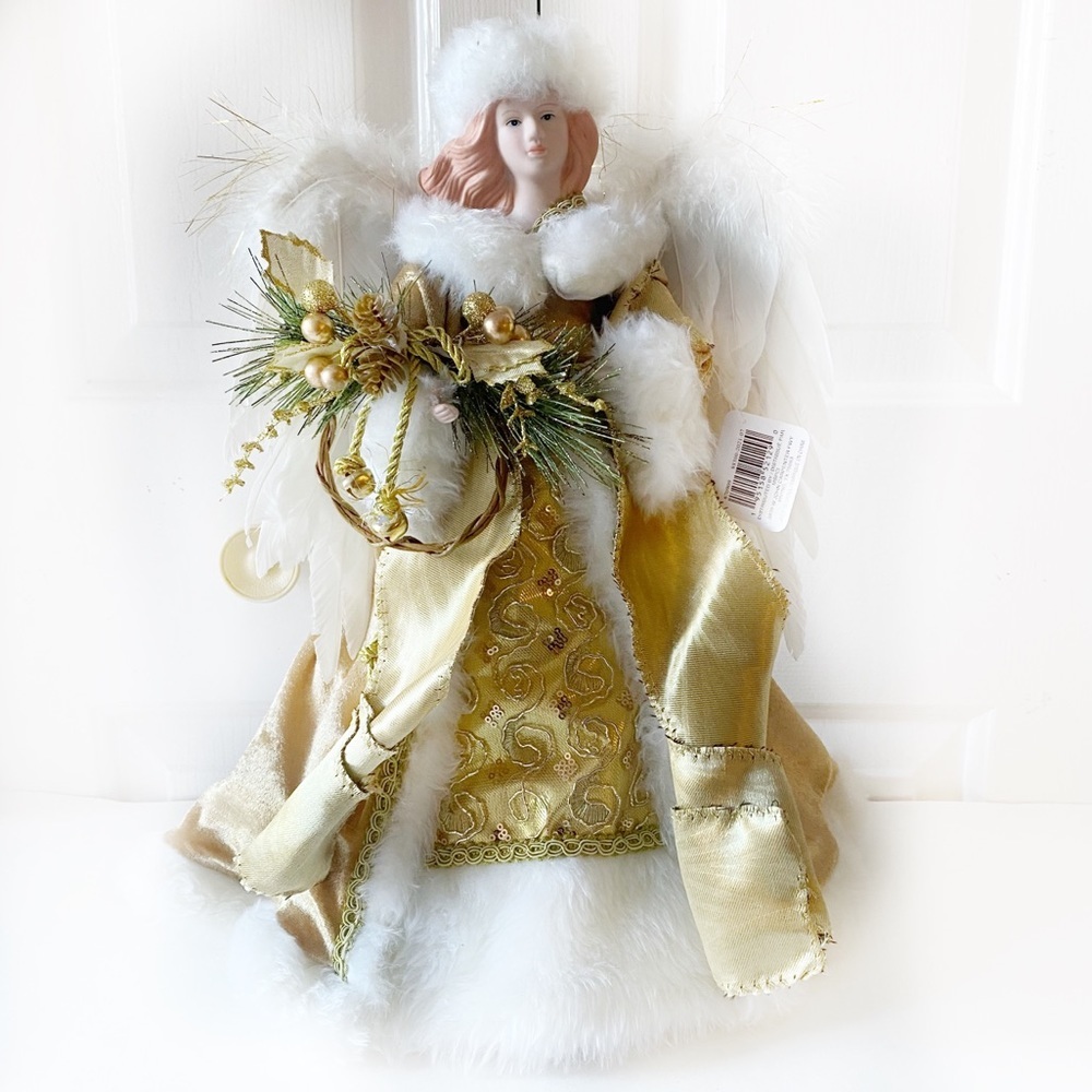 NWT Ashland Angel Gold Sequin White Faux Fur Christmas Tree Topper Tabletop 16”